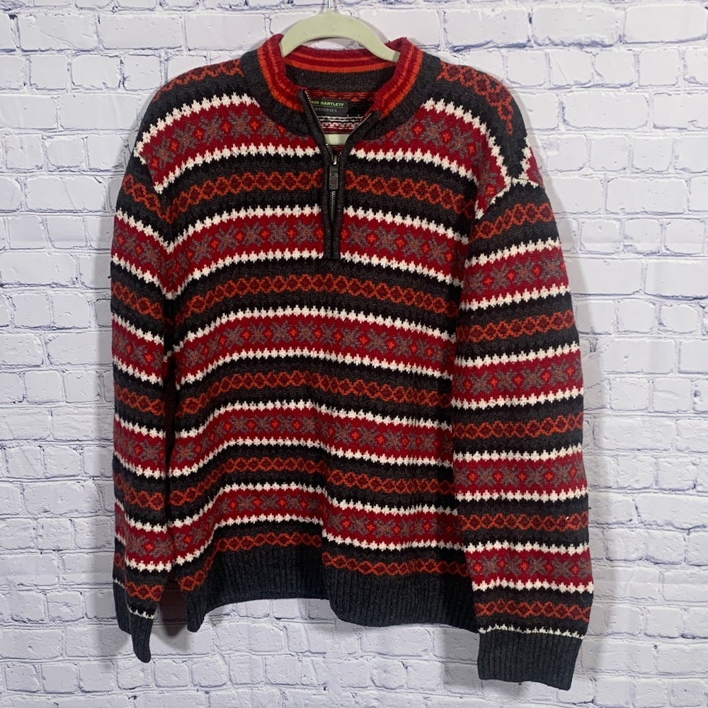 John Bartlett Mens 1/4 Zip Fair Isle Sweater Red Gray Size XL Preppy Holiday